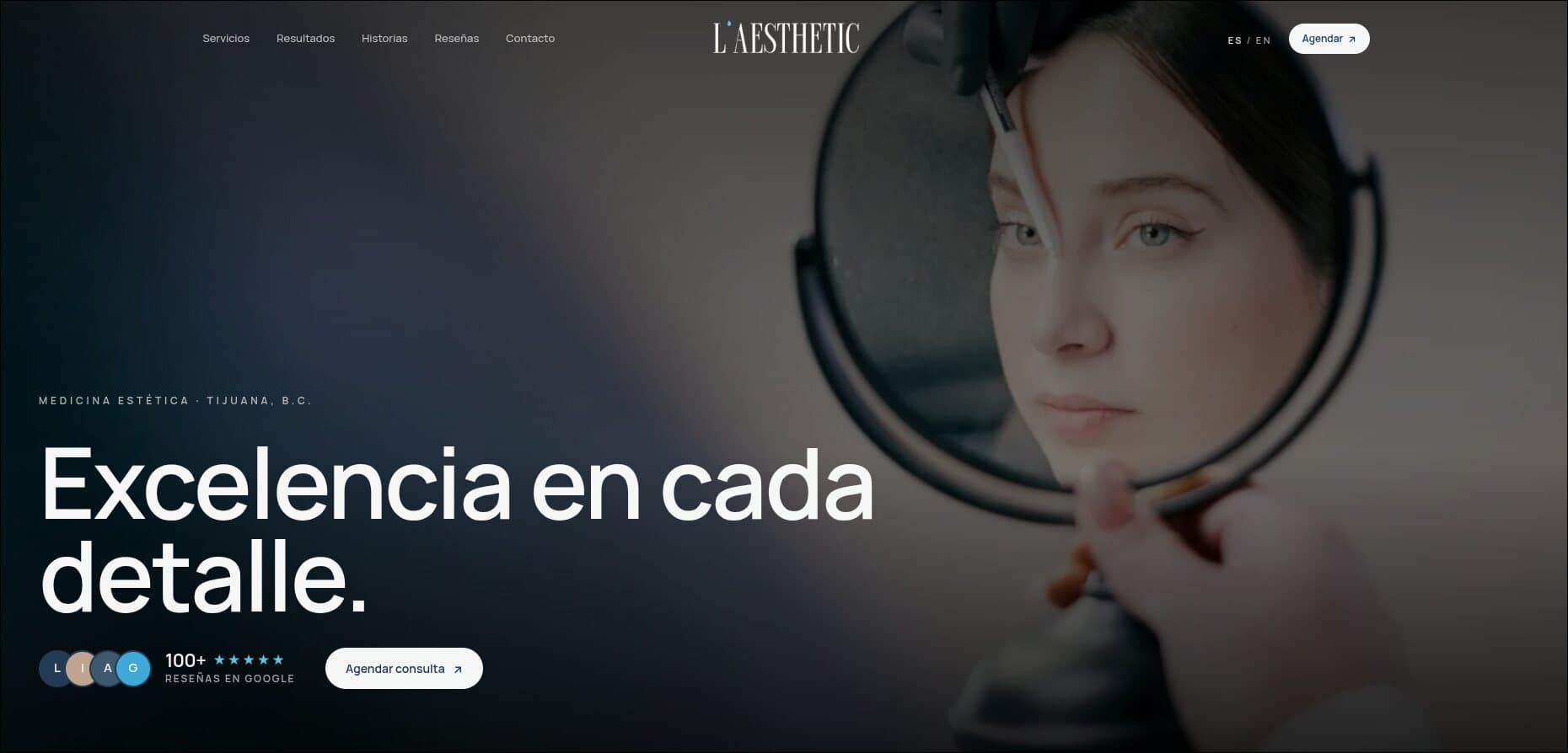 Portada del sitio de L'Aesthetic Medical, con el menú de tratamientos